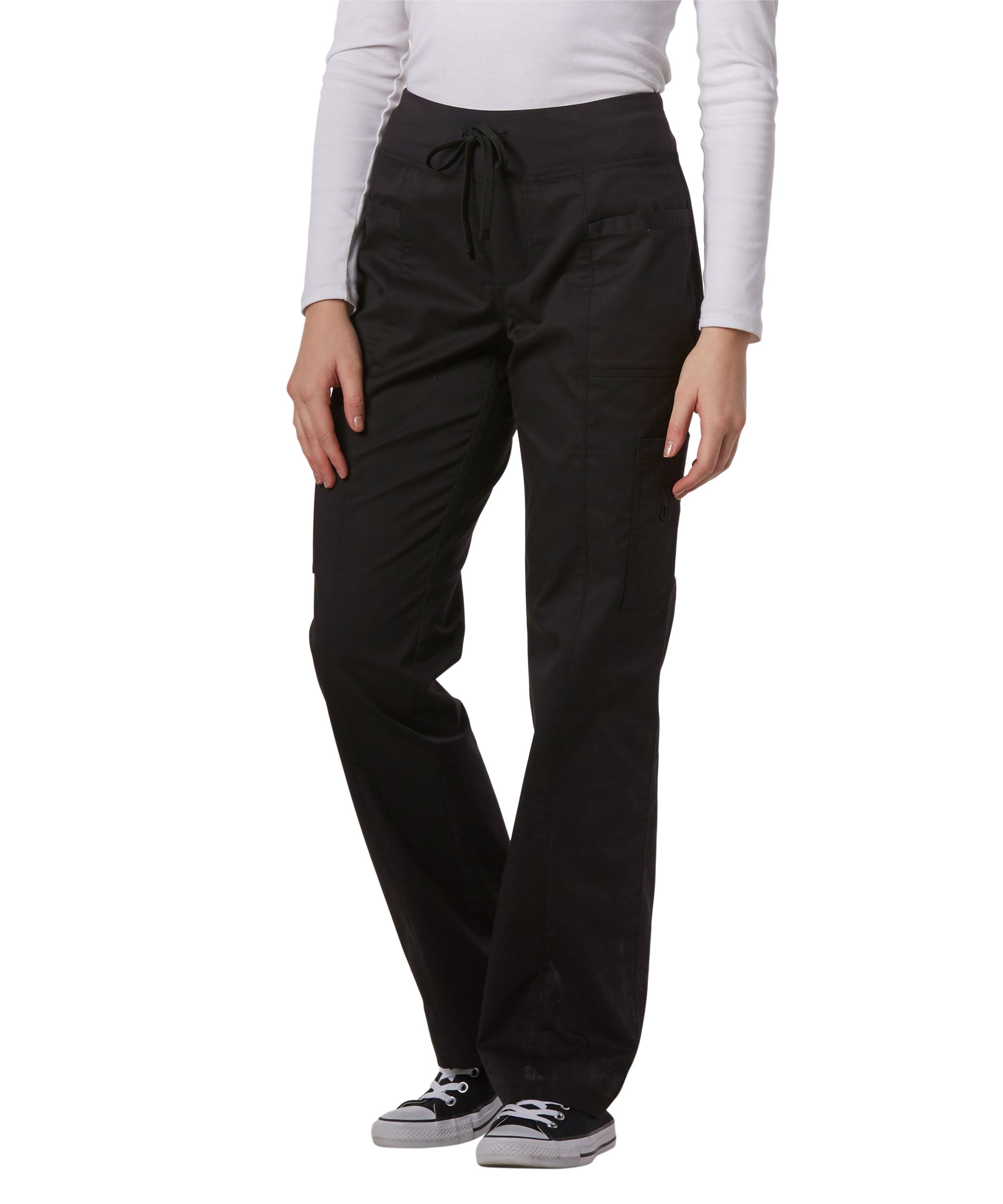 Health Pro Women's Comfort Stretch Cargo Elastic Waist Drawstring Scrub  Pants - Black